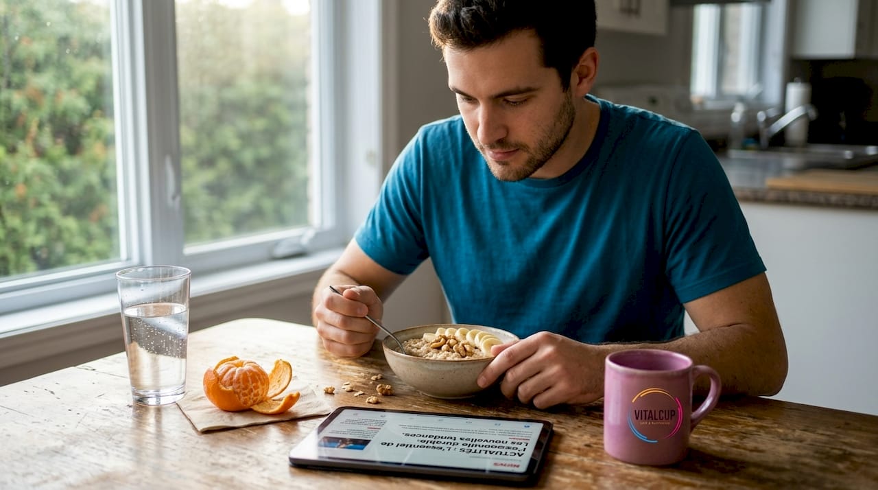 Un homme savoure un petit-déjeuner plein d’énergie installé à sa table.