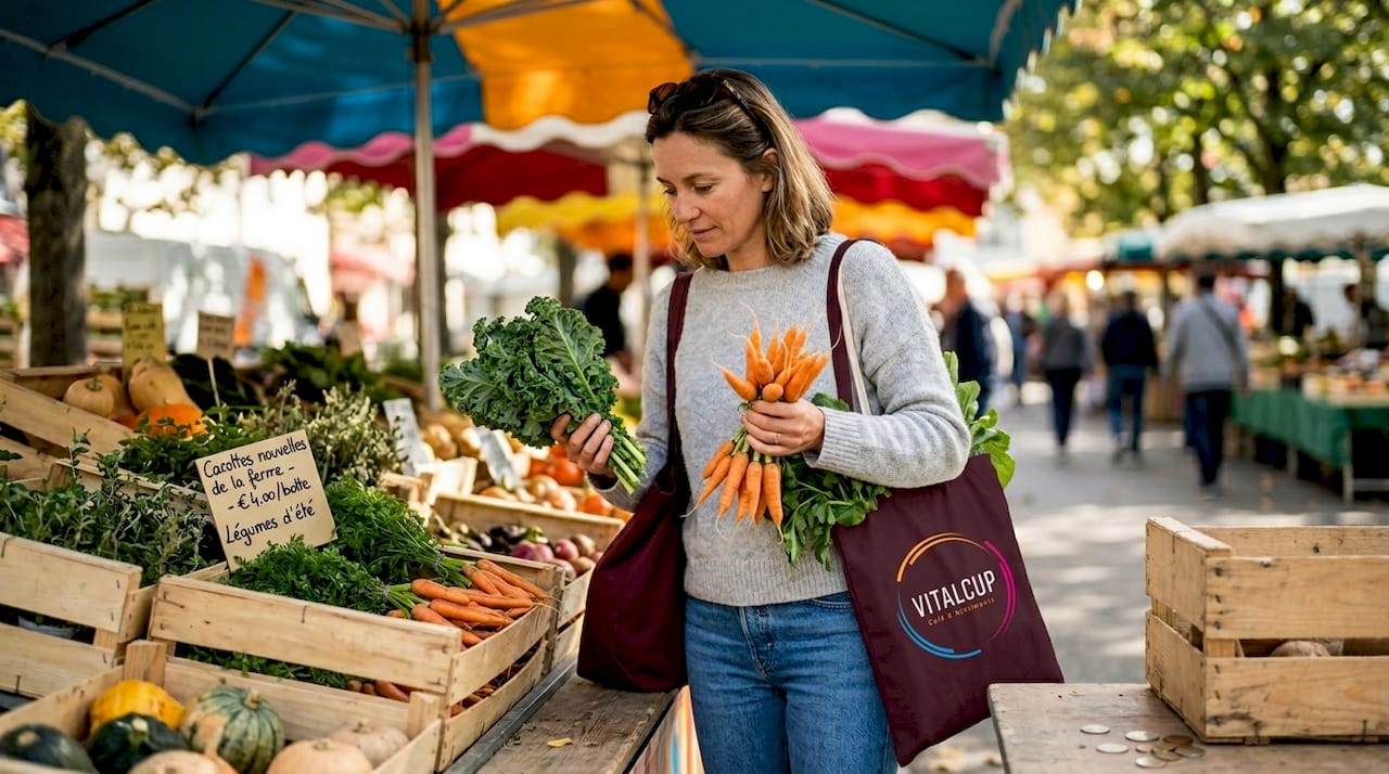 Une femme prend le temps de sélectionner des produits frais et sains sur un marché en plein air.