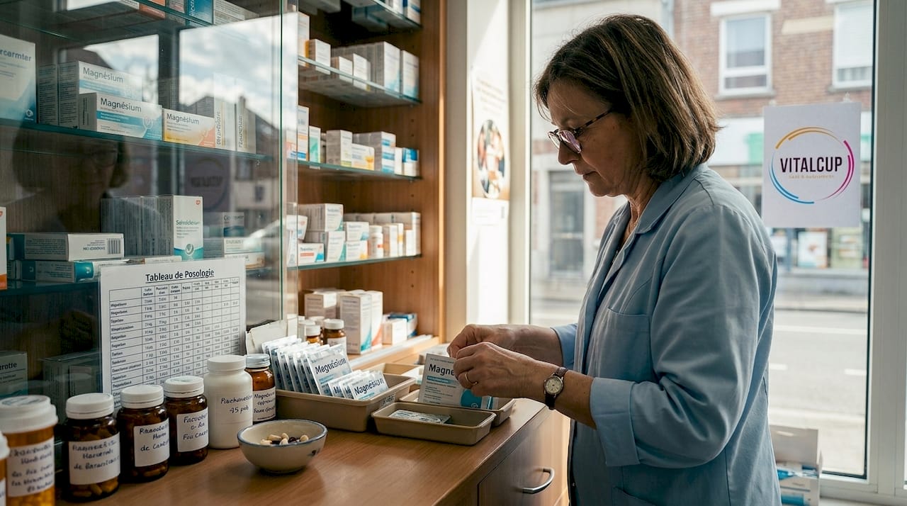 Un pharmacien en train de comparer les différentes formes de compléments de magnésium