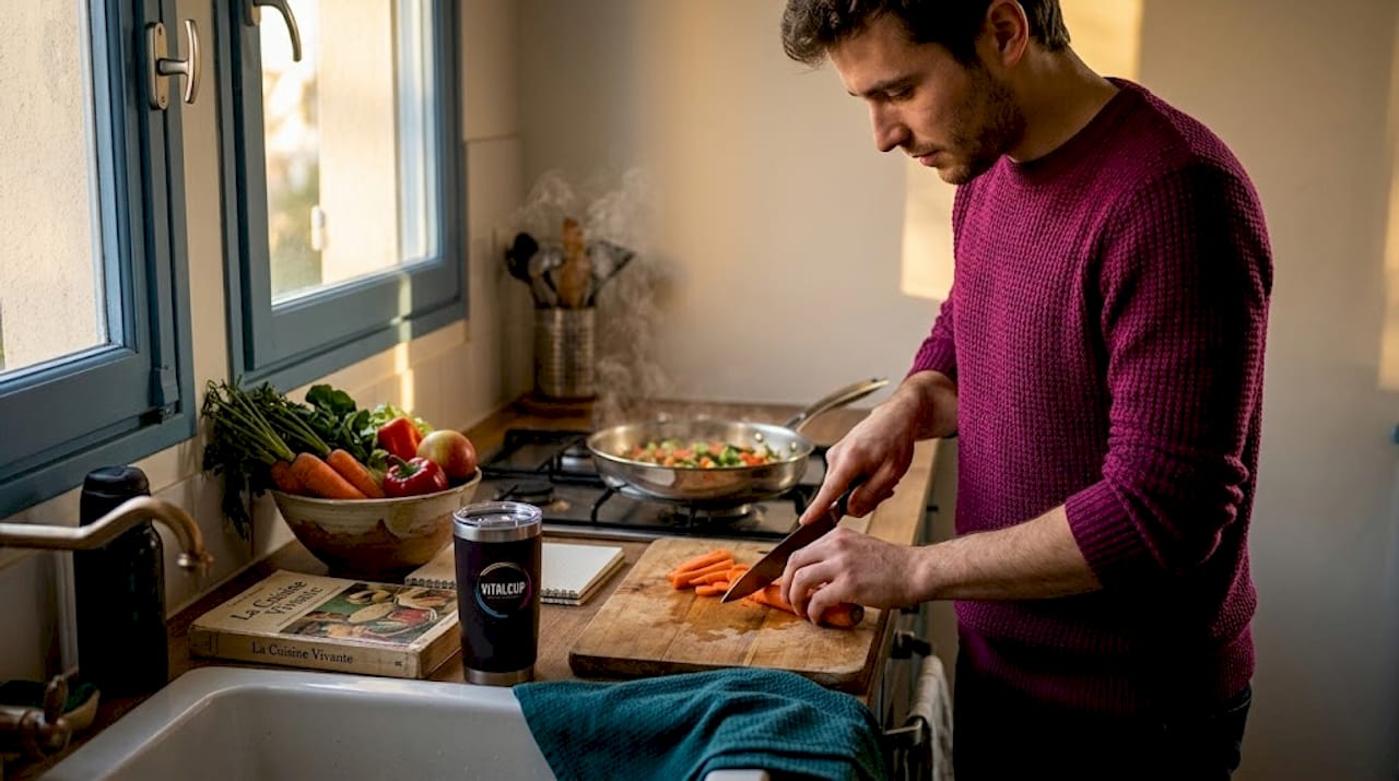 Un homme prépare des légumes en les découpant sur le plan de travail de sa cuisine.
