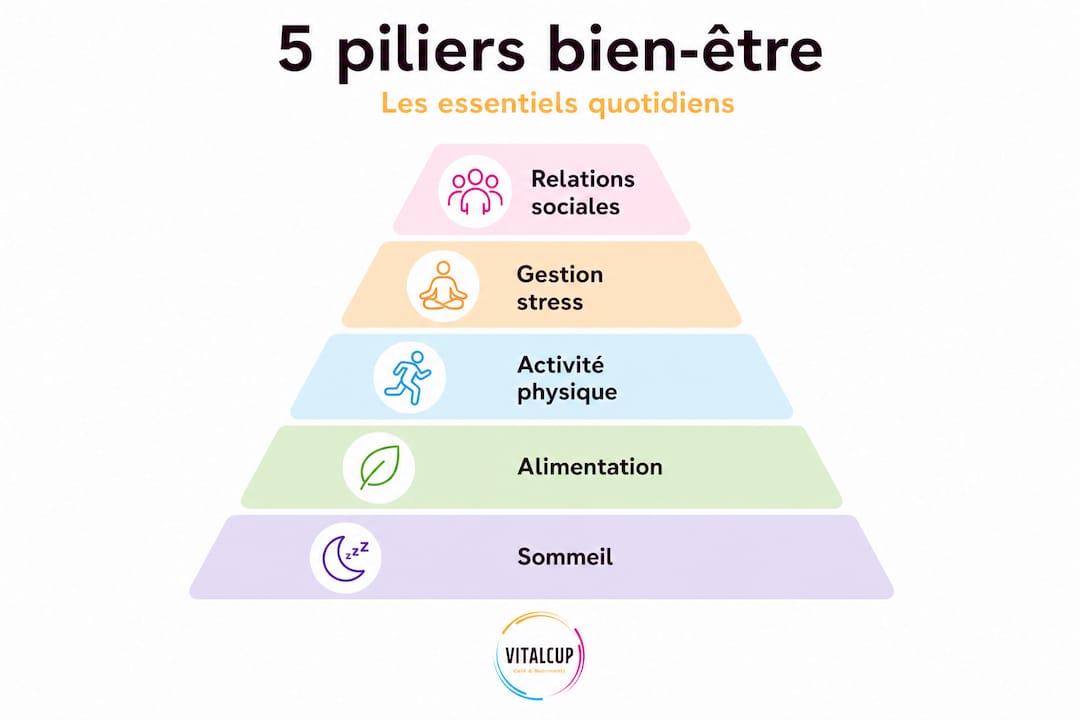 Infographie illustrant les cinq fondements de la pyramide du bien-être