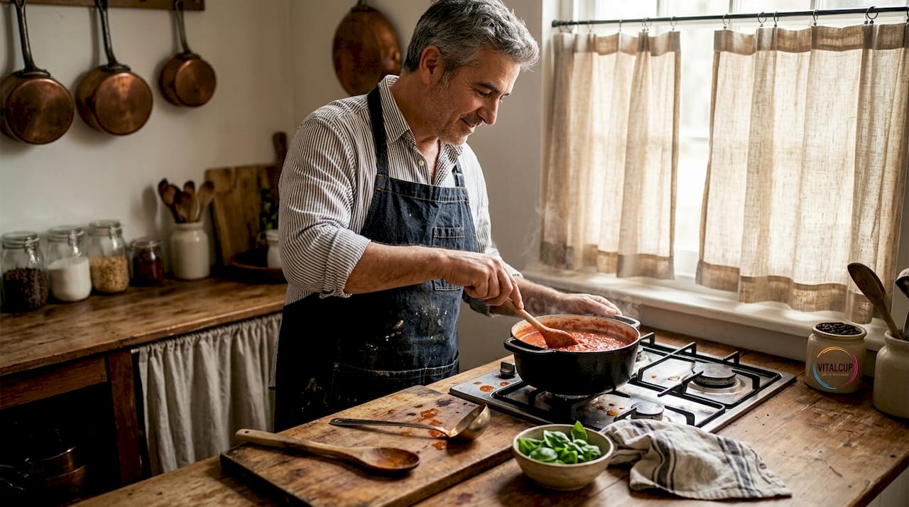 Un homme prépare une sauce tomate maison à la casserole, en surveillant sa cuisson sur le feu.