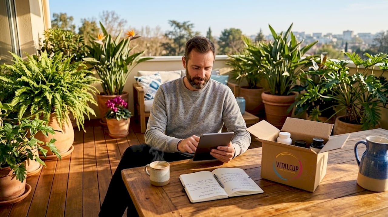 Installé sur son balcon, un homme consulte sa commande de compléments alimentaires sur sa tablette.