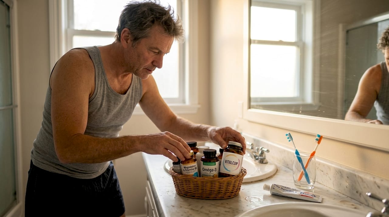 Un homme en train de trier ses compléments alimentaires et vitamines sur le lavabo de la salle de bain.