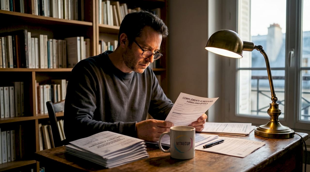 Un homme examine des documents relatifs à la réglementation des compléments alimentaires.