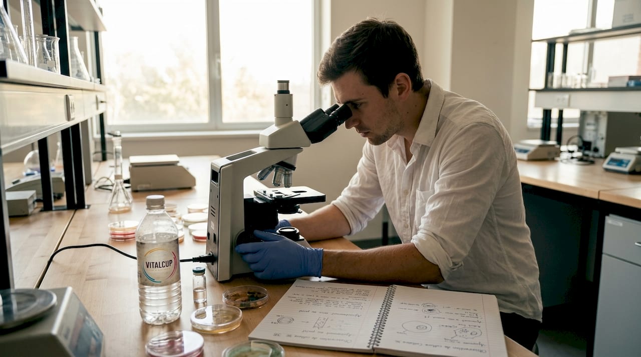 Un chercheur analyse un échantillon de bactéries sous la paillasse d’un laboratoire.