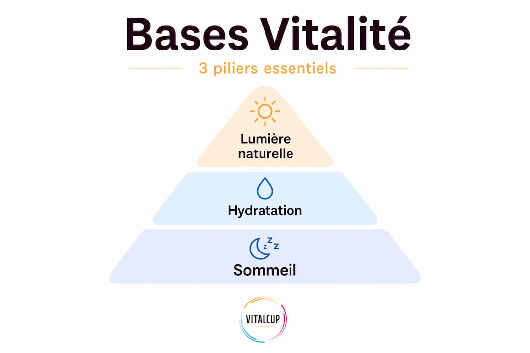 Pyramide illustrant les essentiels du bien-être : sommeil, hydratation et exposition à la lumière naturelle