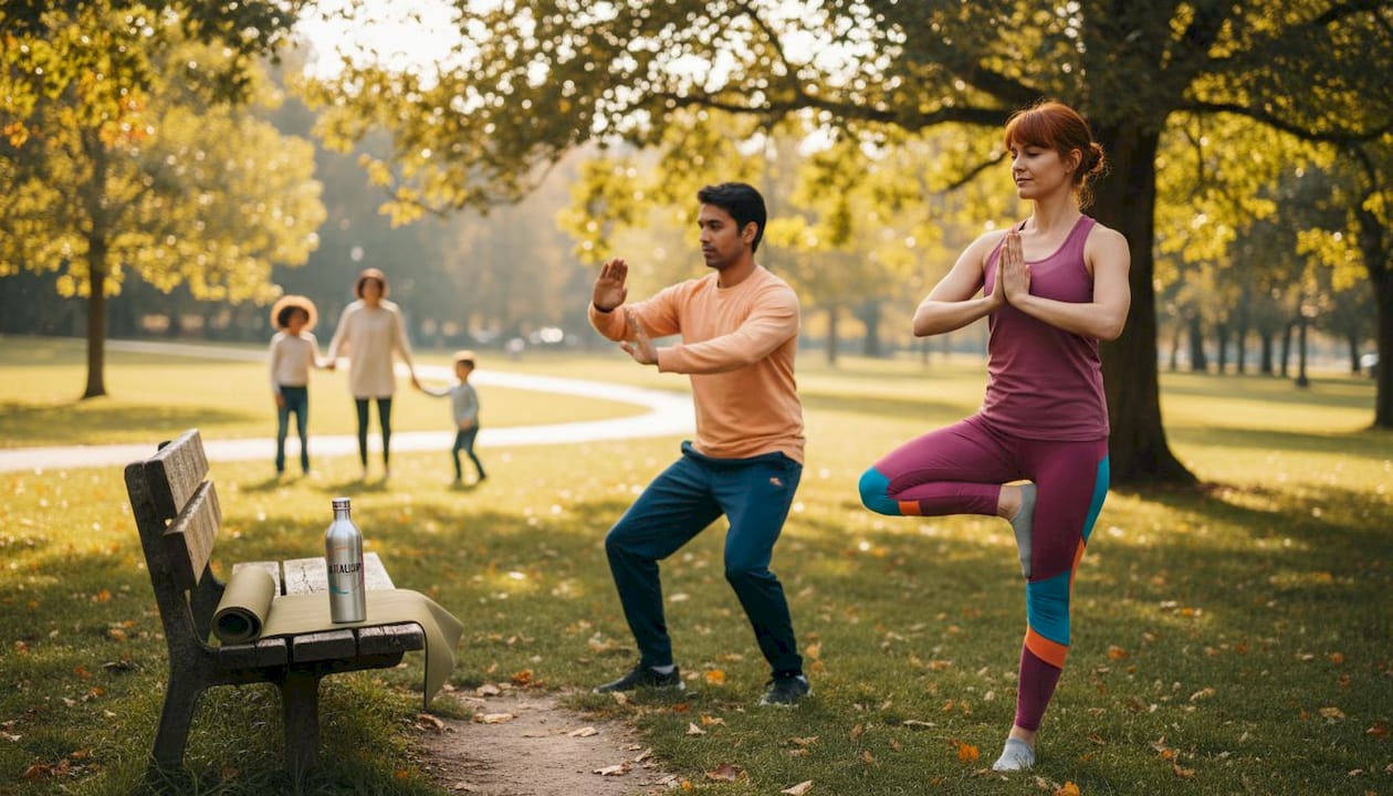 Des adultes se retrouvent dans un parc pour pratiquer le yoga en douceur, profitant du calme et de la nature.