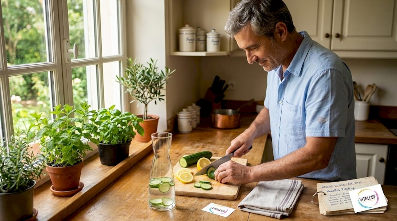 Un homme prépare une eau fraîche aromatisée au citron et au concombre.