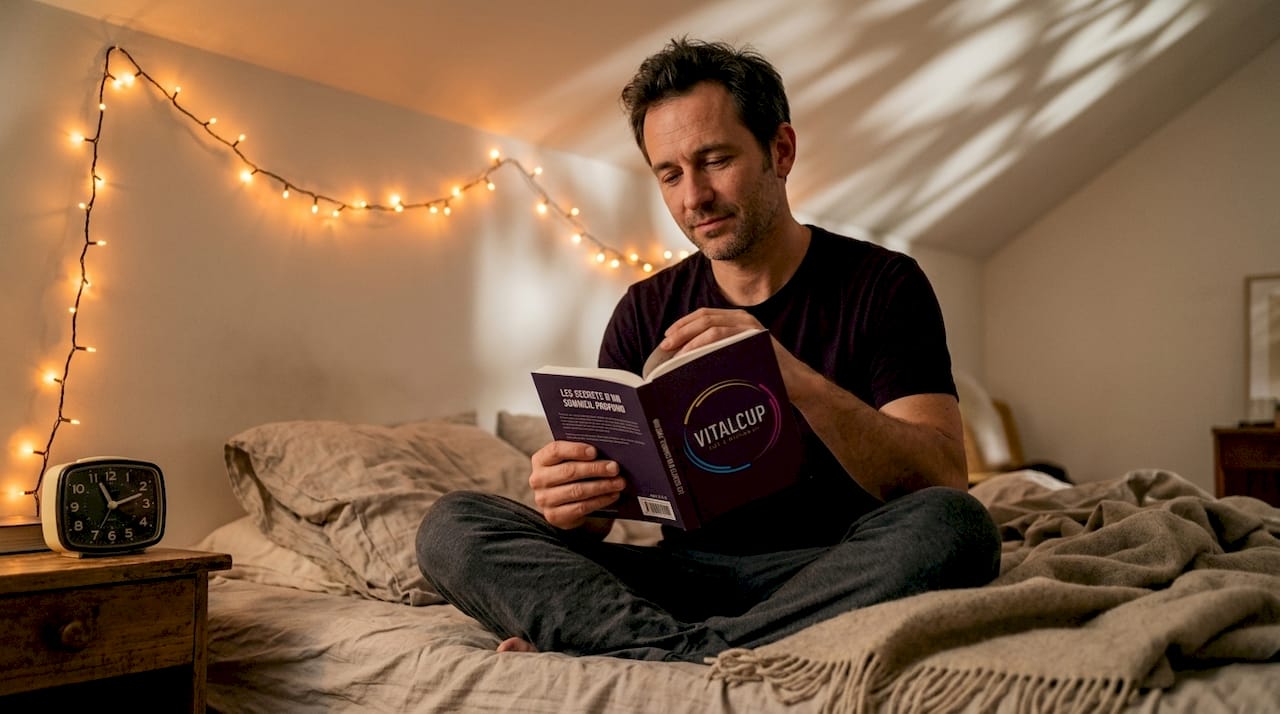 Un homme referme son livre, prêt à s'endormir, allongé sur son lit.