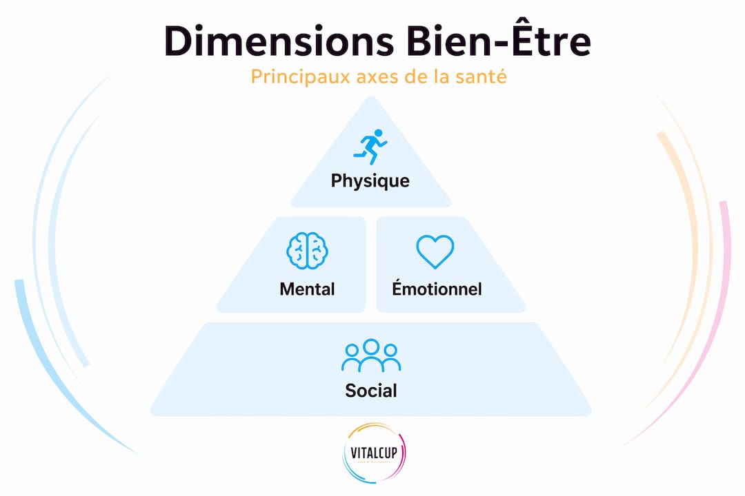 Schéma illustrant les différentes dimensions du bien-être, organisé de manière hiérarchique
