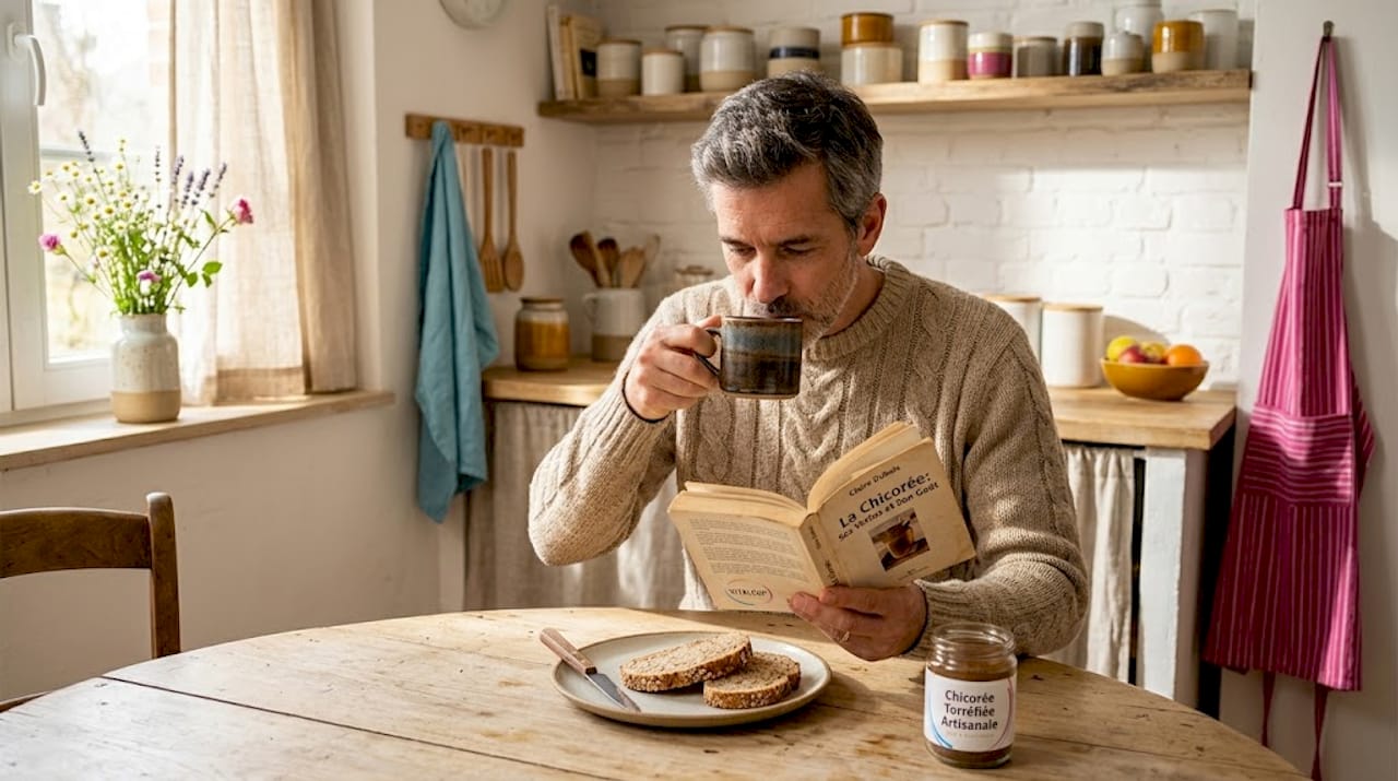 Un homme savoure une tasse de café à la chicorée, installé à sa table de salle à manger.