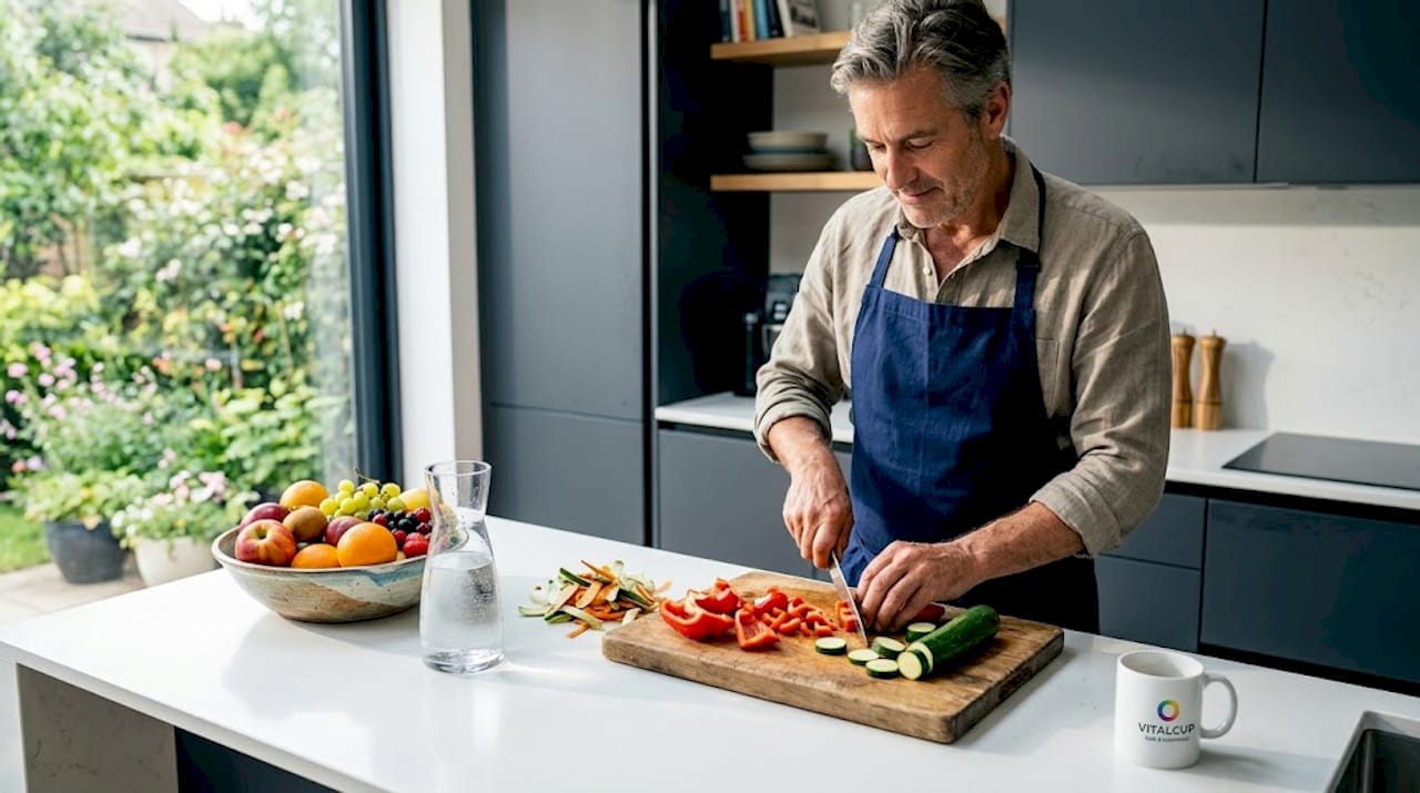 Un homme est en train de couper des légumes frais sur une planche en bois.