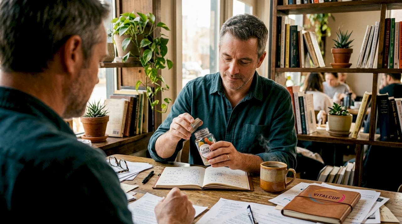 Un homme sort une boîte de gummies de compléments alimentaires à son bureau.