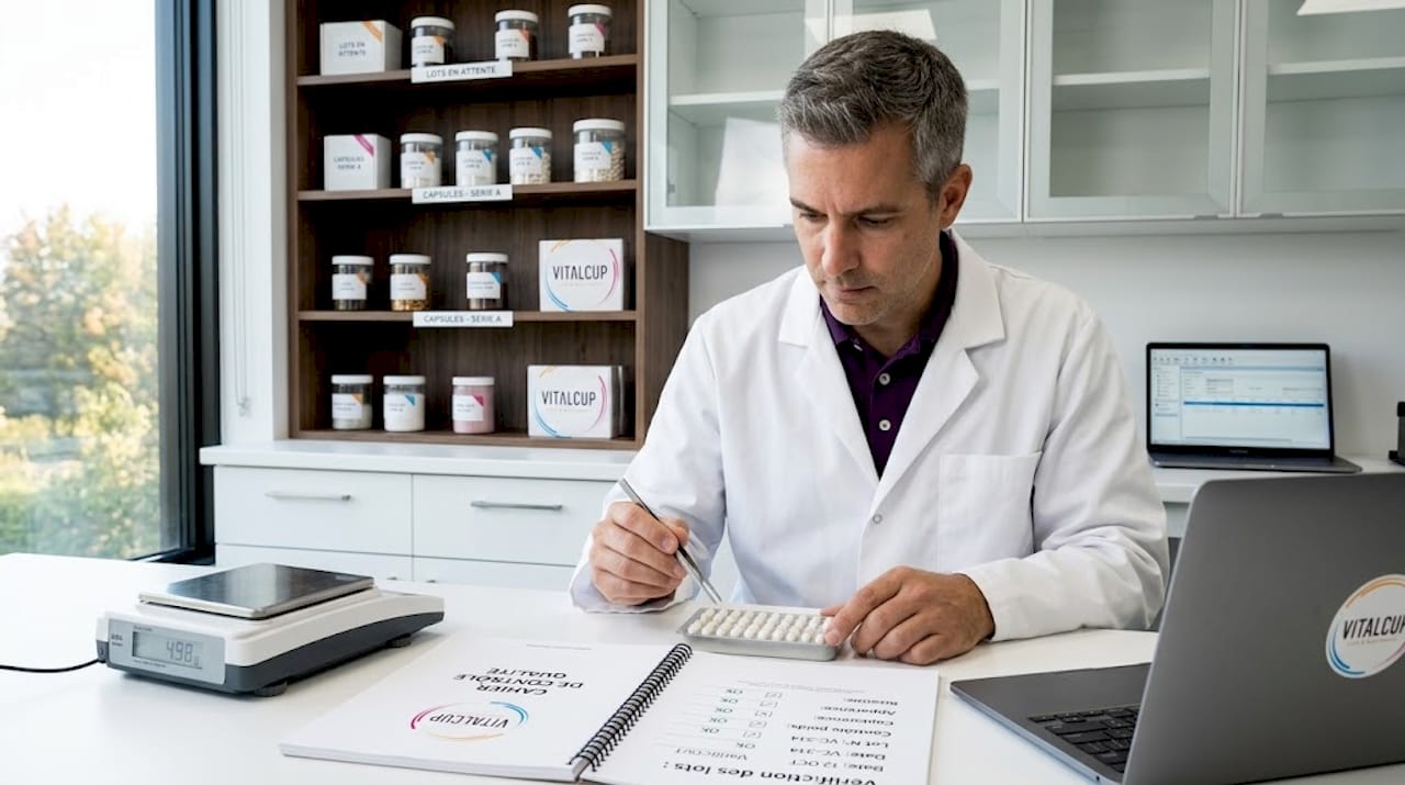 Un technicien procède à des analyses de gélules de compléments alimentaires en laboratoire.