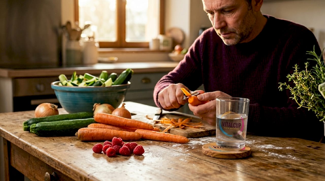 Un homme épluche des carottes dans la cuisine familiale.