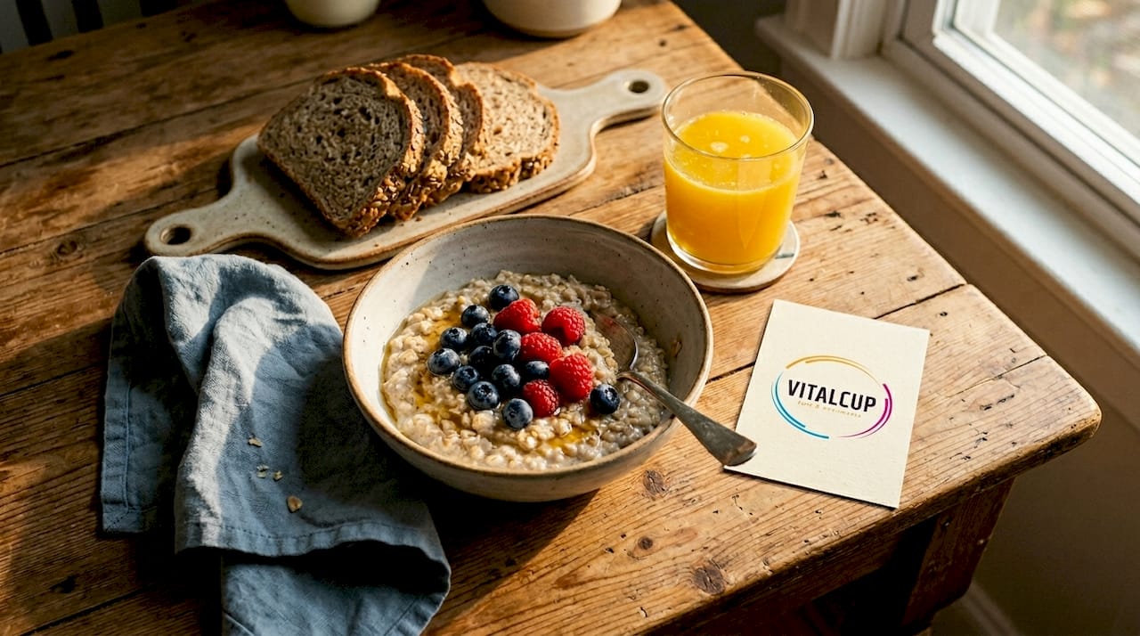 Un petit-déjeuner équilibré riche en glucides complexes est servi sur la table.