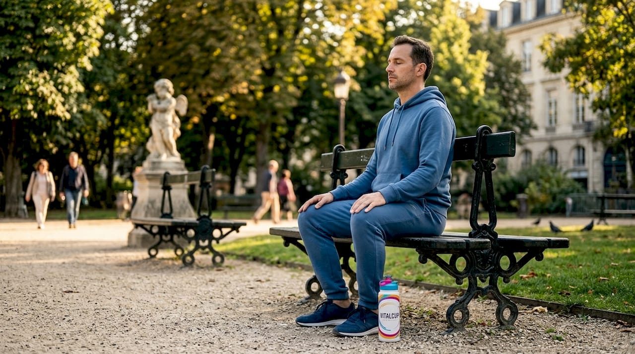 Un homme plongé dans ses pensées, assis au cœur d’un parc en ville.