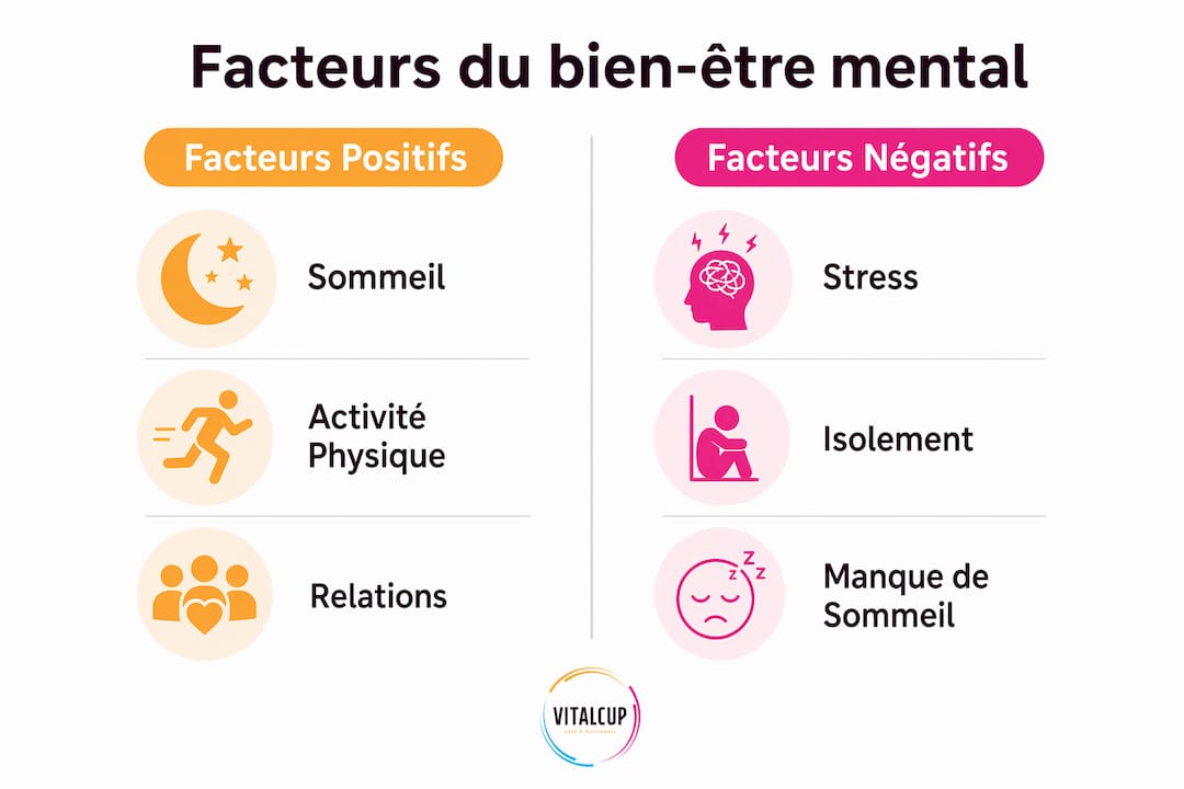 Découvrez en image les éléments qui influencent notre bien-être mental, qu’ils soient bénéfiques ou sources de difficultés.
