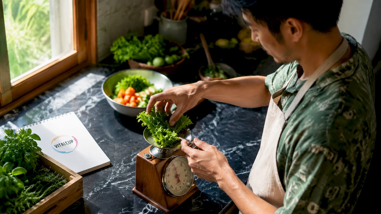On pèse des légumes frais à la main en cuisine.