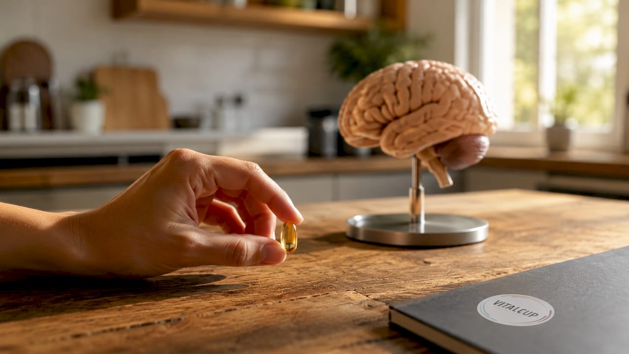Une capsule d’oméga-3 mise en avant, avec une représentation du cerveau en toile de fond.