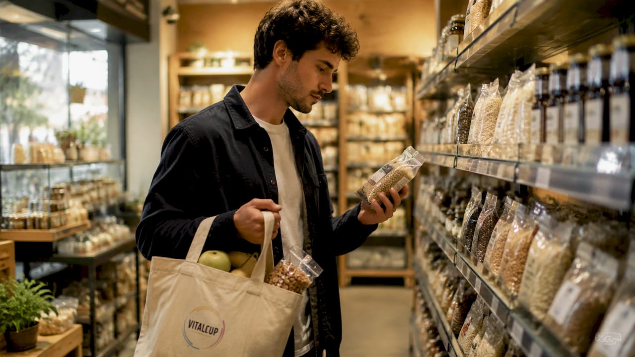 Un homme prend le temps de lire attentivement l’étiquette d’un produit bio en rayon.