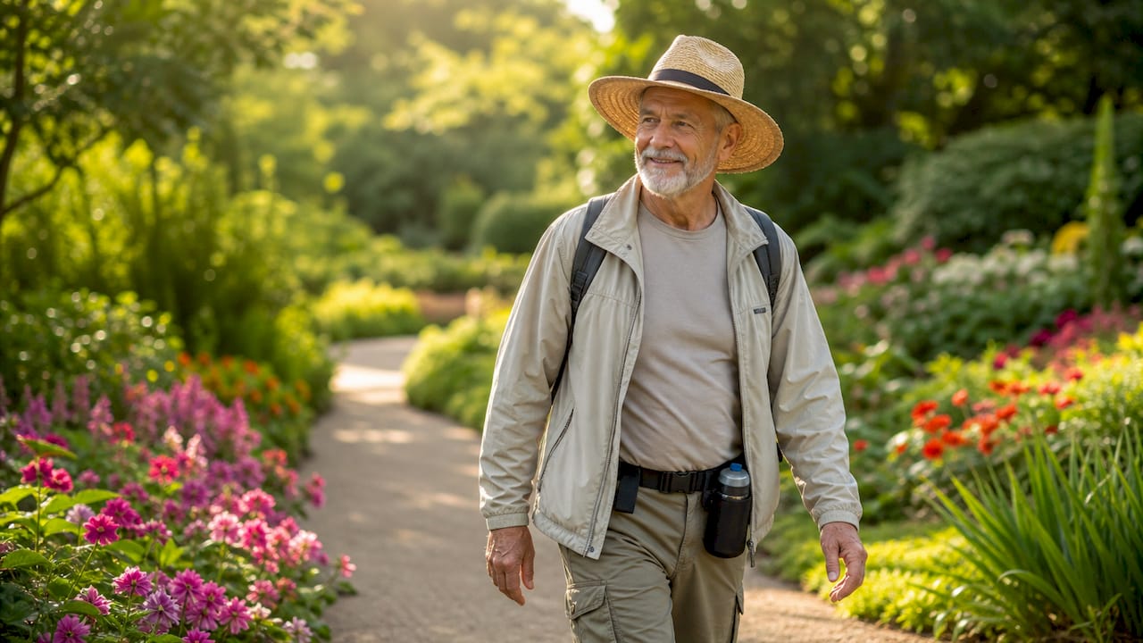 Un homme âgé profite d’une promenade dans le parc pour entretenir sa forme.