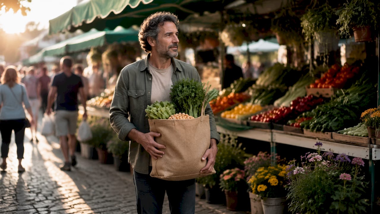 Des mains choisissent des légumes frais sur un étal de marché en plein air.