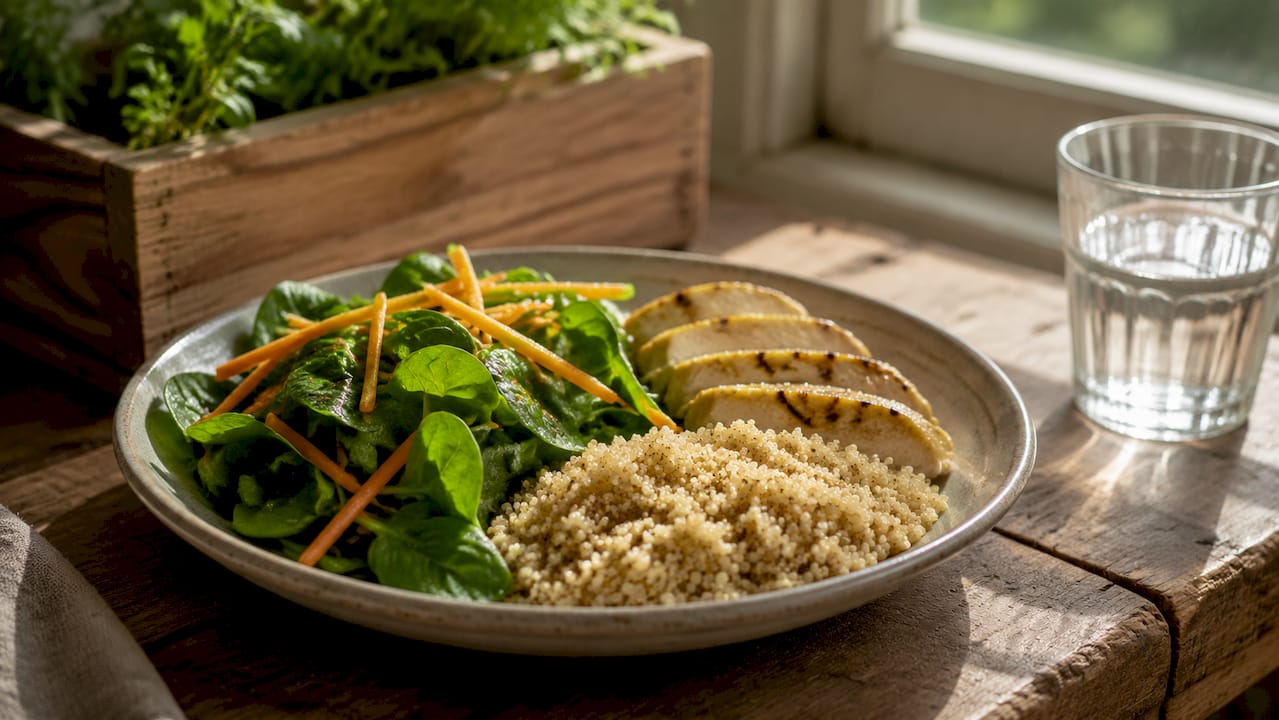 Une assiette équilibrée associant légumes et sources de protéines