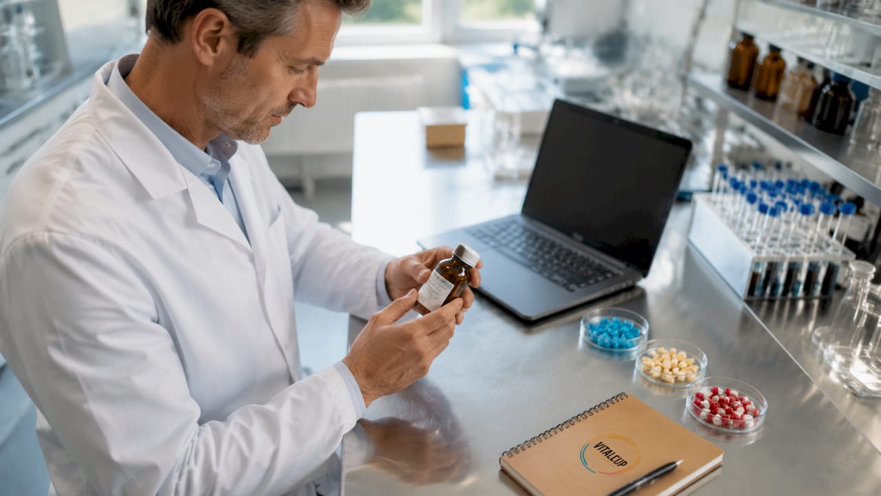 Un pharmacien examine attentivement l’étiquette d’un produit de santé derrière le comptoir de la pharmacie, s’assurant de sa conformité avant de le remettre au client.