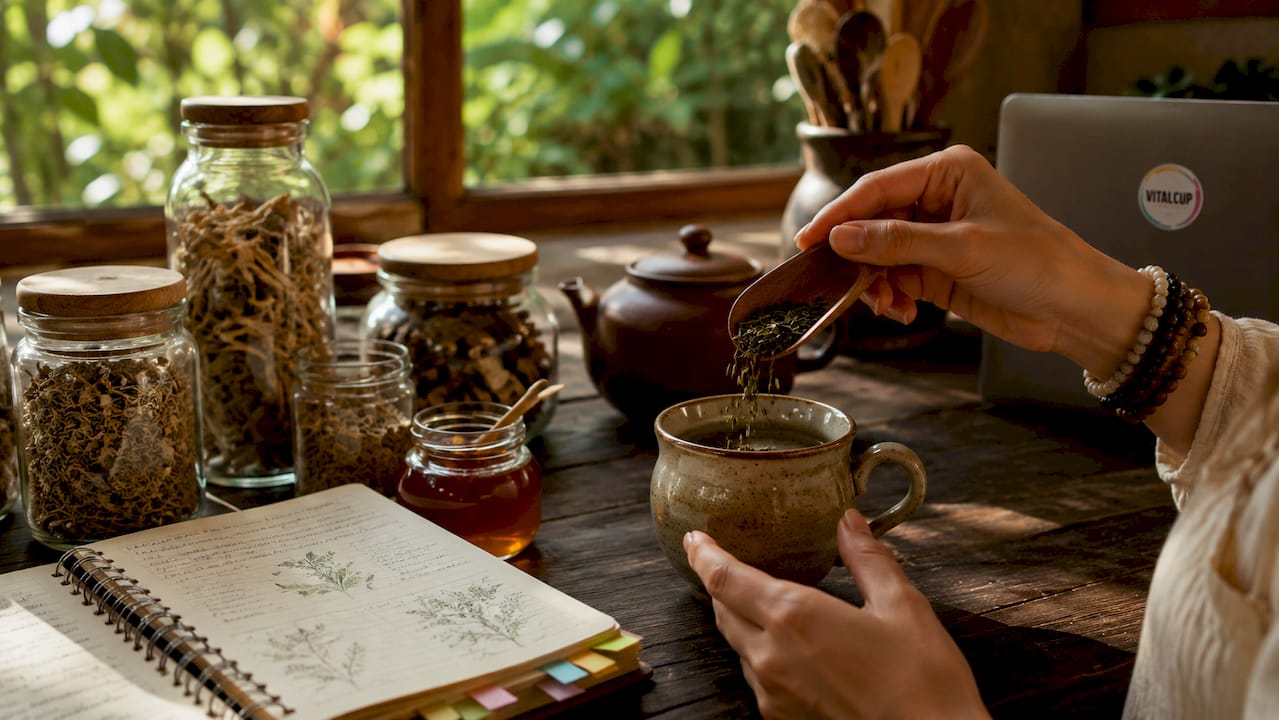 Une main verse délicatement des plantes adaptogènes dans une tasse, prête à préparer une infusion bien-être.
