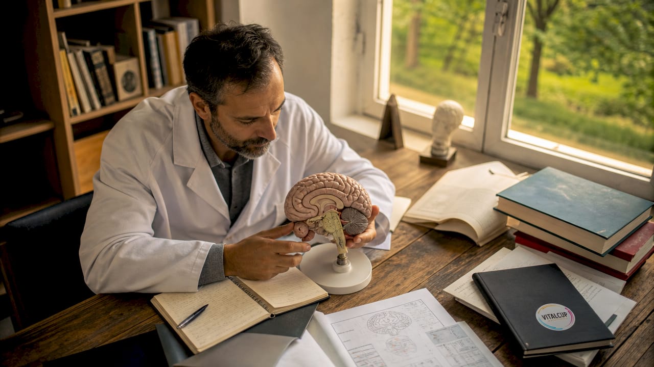 Des mains en train d’examiner une maquette de cerveau posée sur un bureau