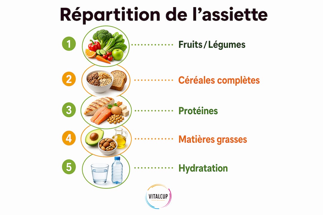 Infographie verticale illustrant une répartition harmonieuse des différents groupes alimentaires
