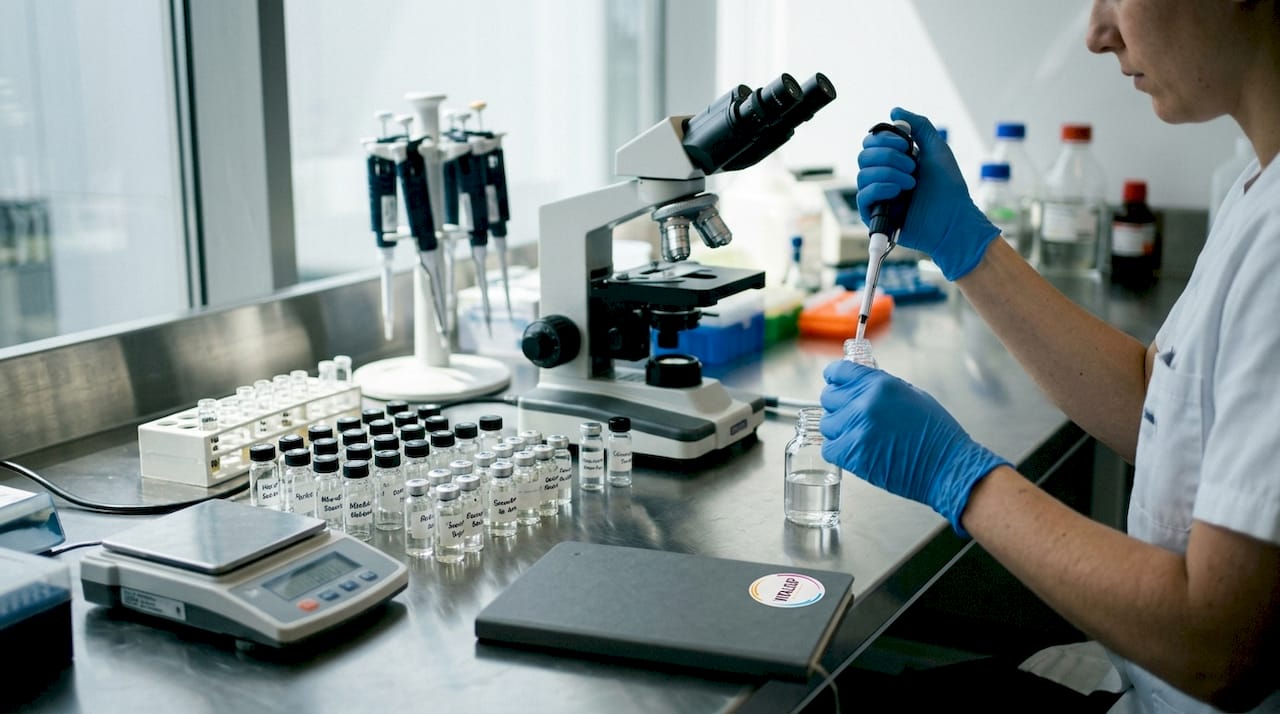 Un chercheur examine des échantillons de nutraceutiques dans un laboratoire, à la recherche de leurs propriétés et bienfaits.