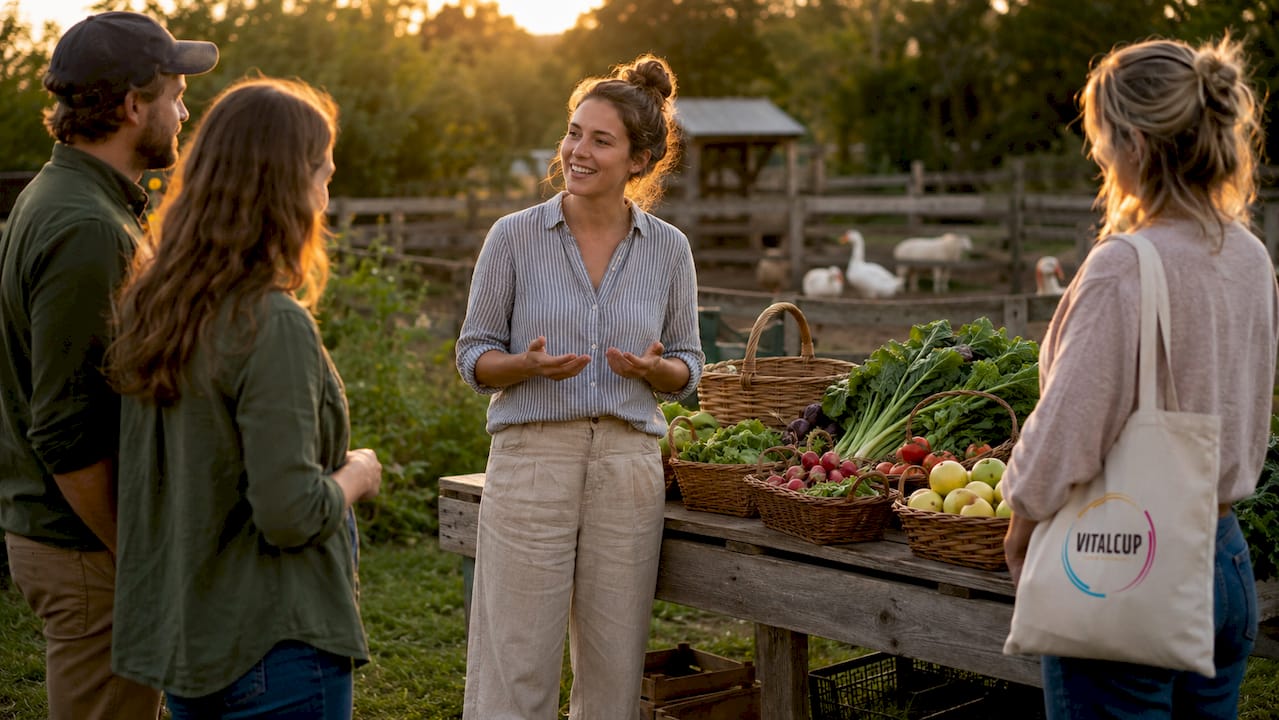Maraîchère proposant des légumes frais en vente directe à la ferme