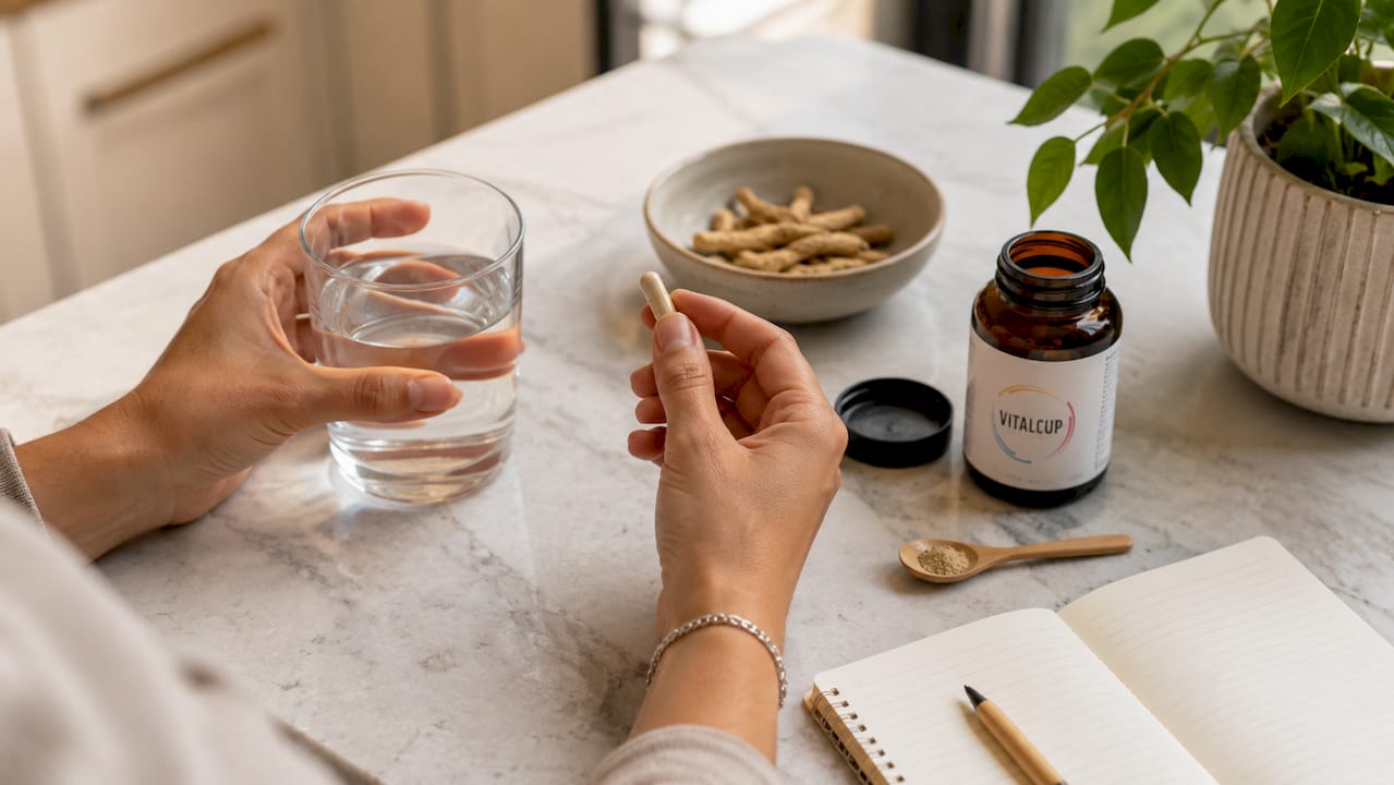 Des mains tiennent une gélule d’ashwagandha et un verre d’eau, prêtes à la prendre.