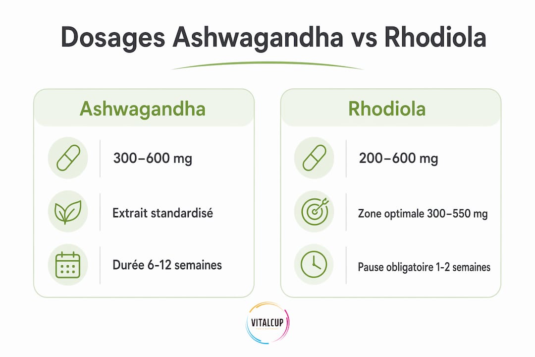 Infographie : comparaison des doses recommandées pour l’ashwagandha et la rhodiola