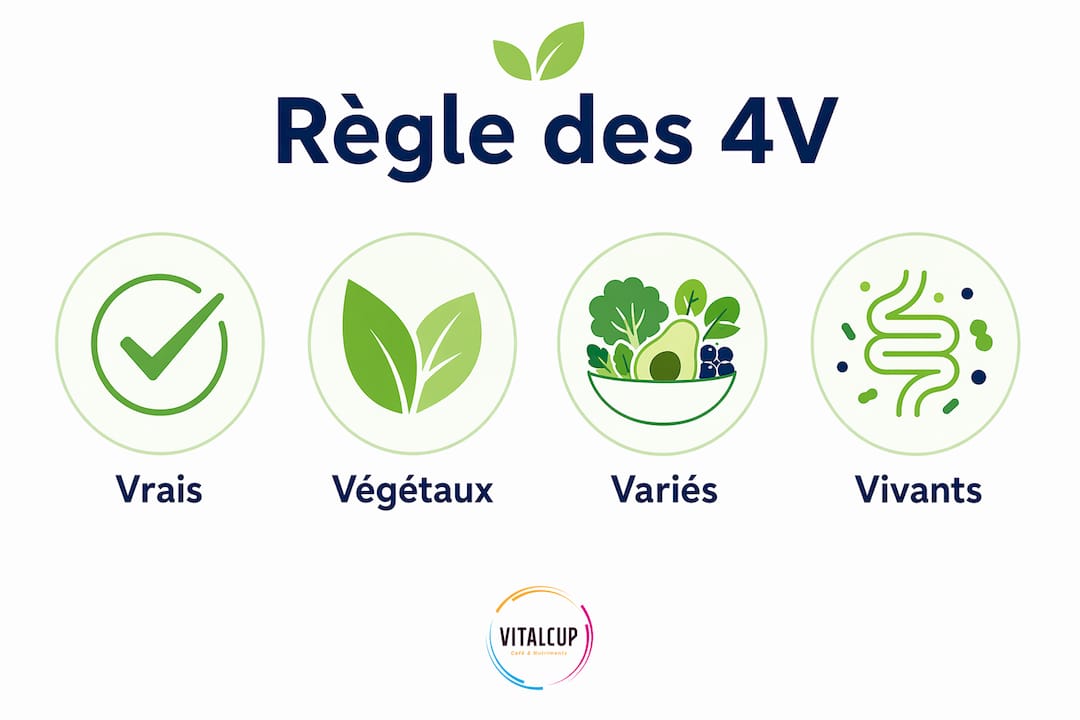 Visuel pédagogique mettant en avant la règle des 4V pour adopter une alimentation responsable