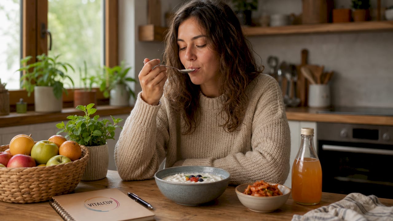 Des mains présentent un plateau garni d’aliments fermentés.