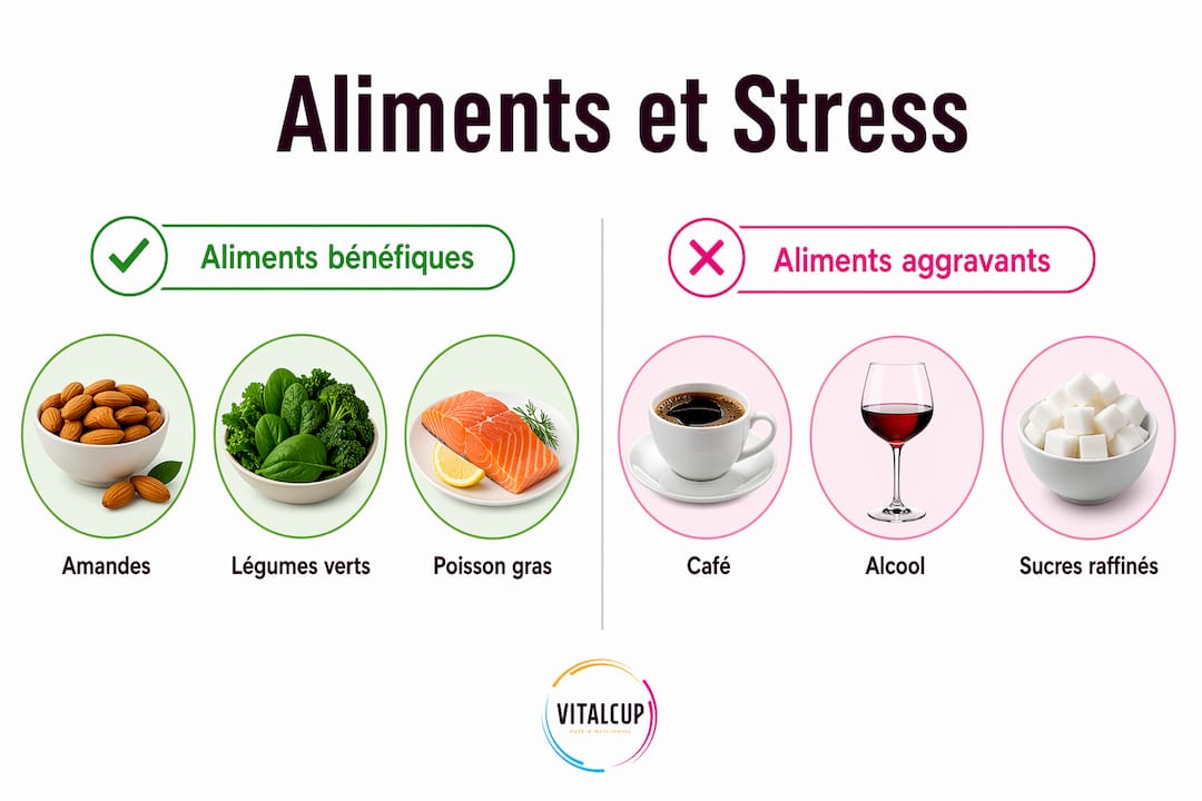 Infographie : les aliments à privilégier et à éviter pour mieux gérer le stress
