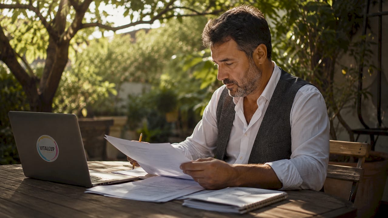 Vue de dessus de mains en train d’examiner des documents juridiques relatifs à une association
