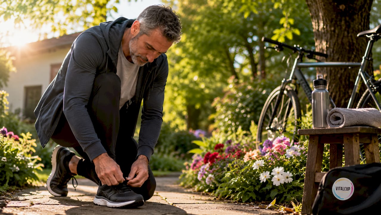 Un homme enfile ses baskets pour faire du sport chez lui.