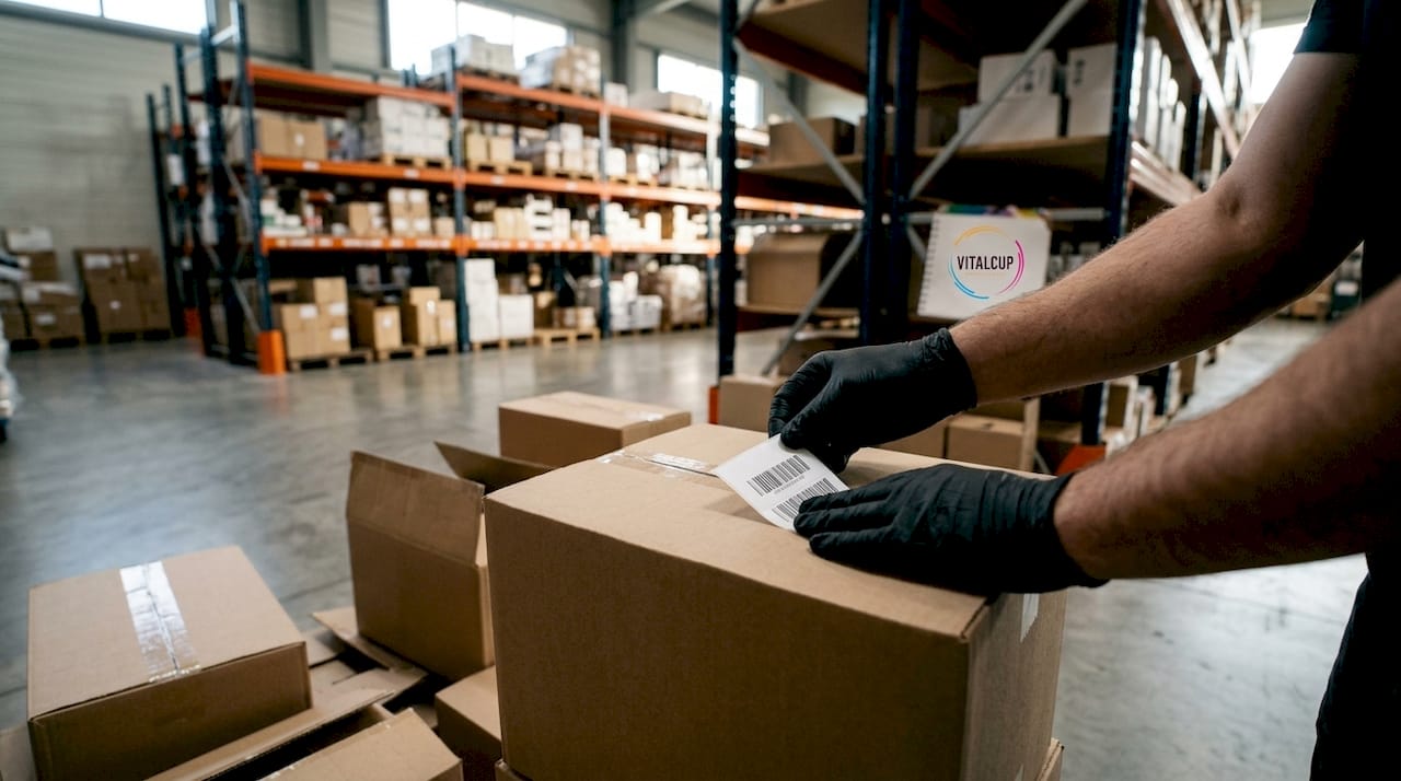 Des mains appliquent une puce RFID sur un carton.