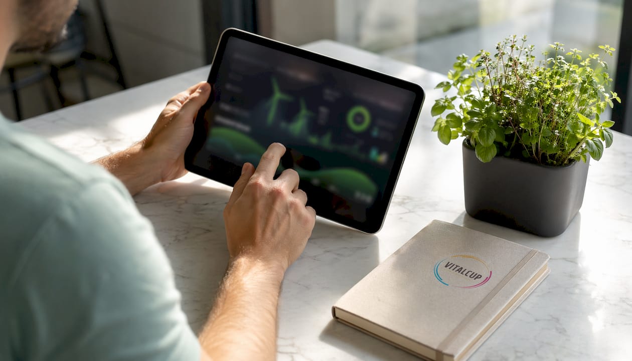Un homme consulte une application dédiée à l'énergie sur sa tablette.