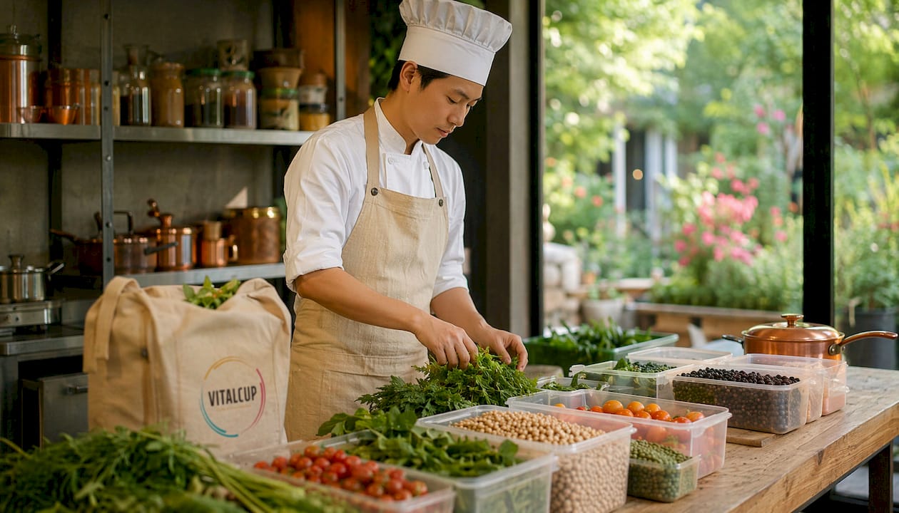 Un chef met en valeur des produits responsables en élaborant des repas respectueux de l’environnement dans une cuisine partagée.