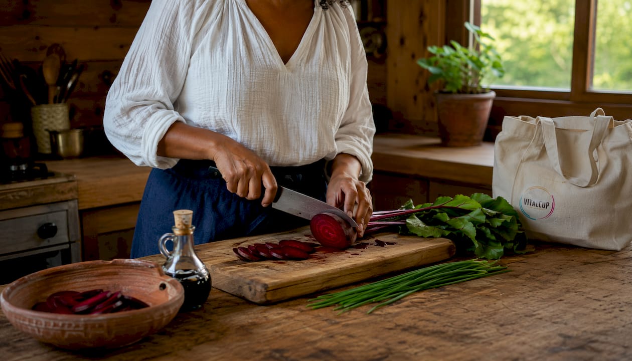 Dans sa cuisine, une femme épluche soigneusement des betteraves fraîches.