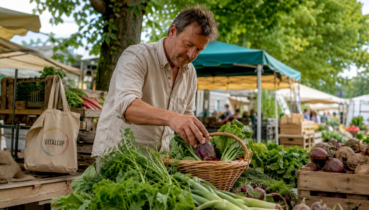 Des mains préparent des légumes bio pour la vente sur un étal de marché de village.