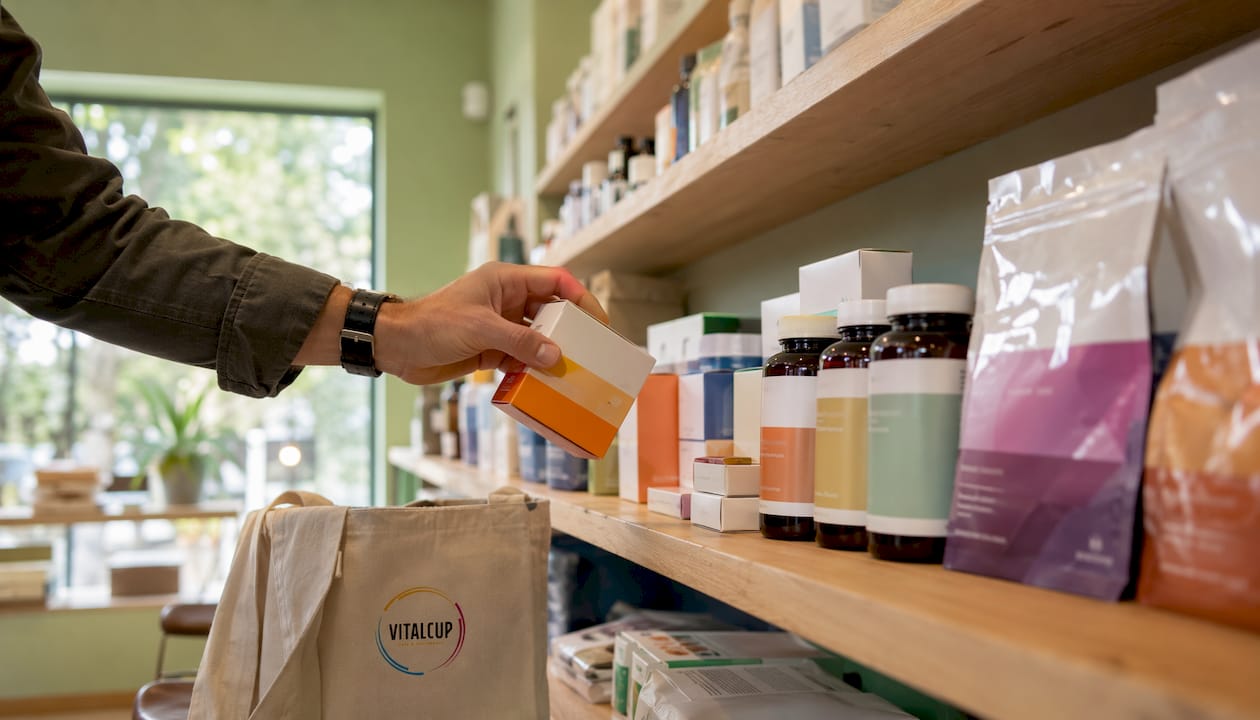 Rayon bien fourni de compléments alimentaires en pharmacie