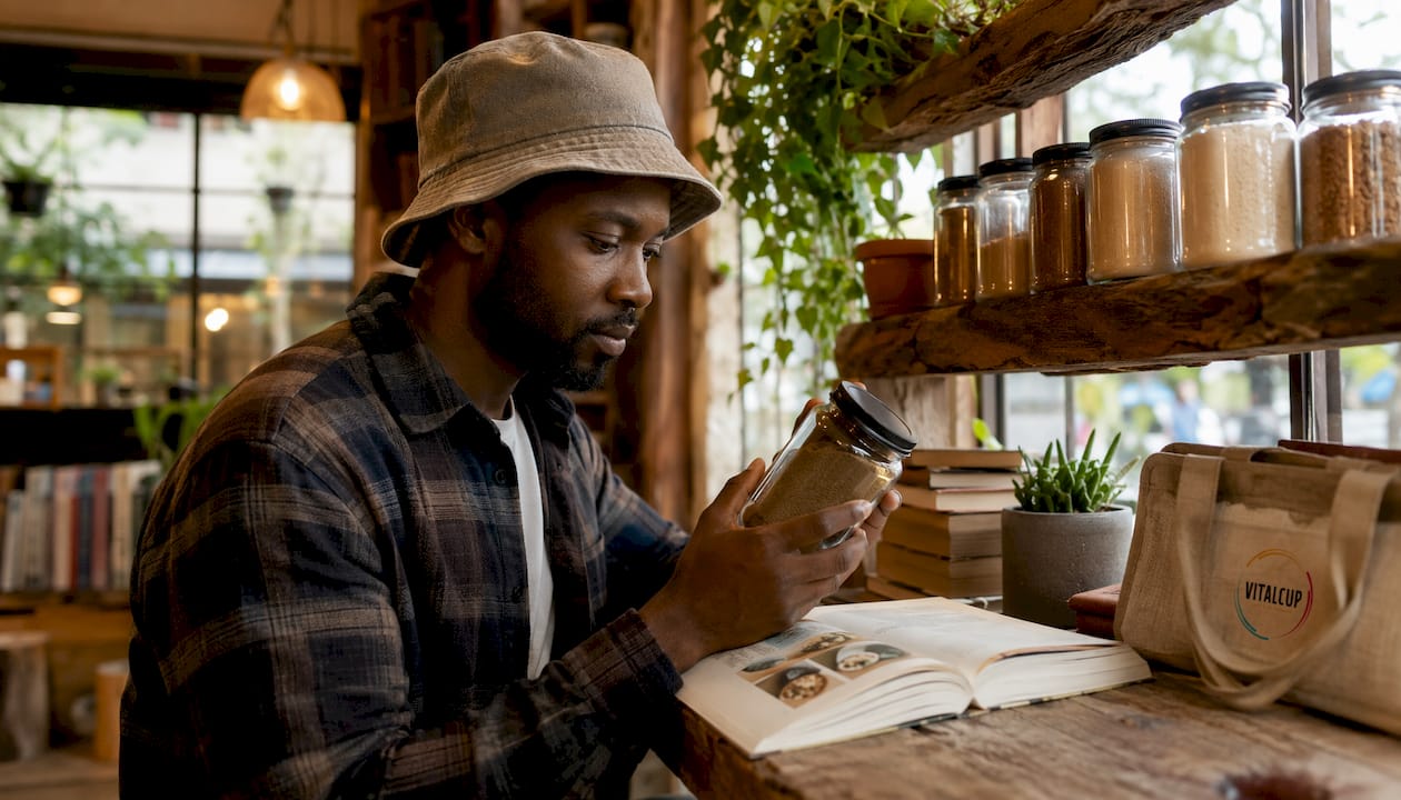 Un homme examine attentivement un café aux champignons dans les rayons d’un magasin.