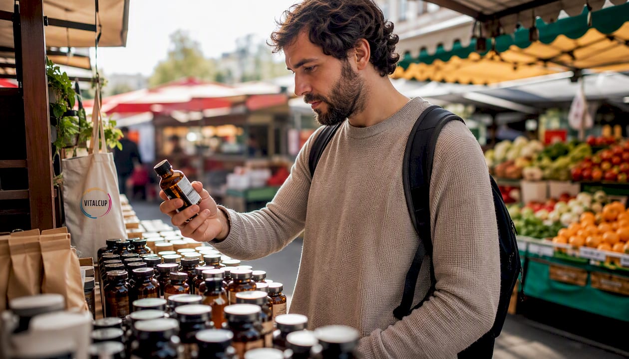 Un homme parcourt les rayons d’une boutique pour choisir ses compléments alimentaires.